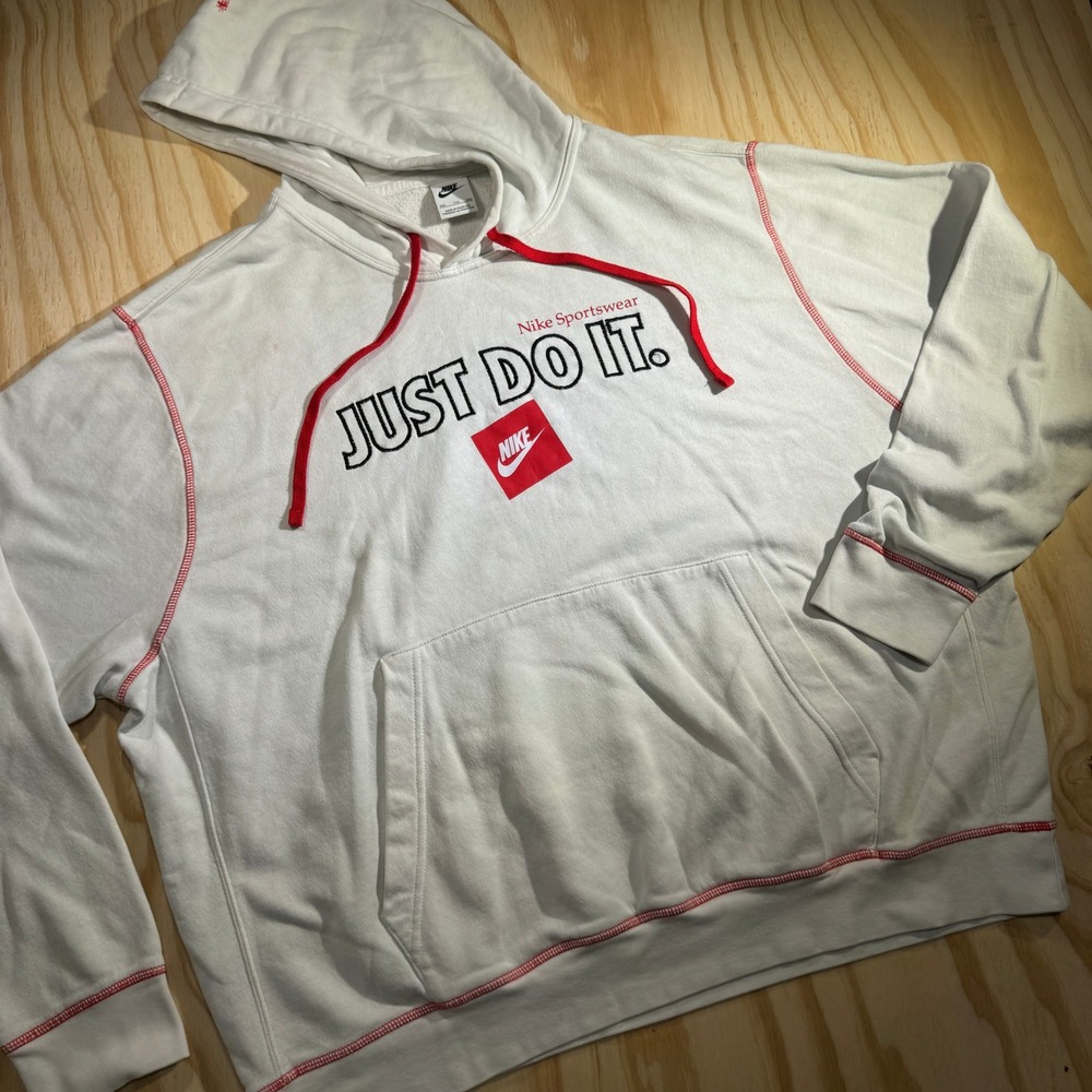 Nike Sportswear Just Do It Hoodie Mens Size XXL White Red Contrast Stitch Fleece